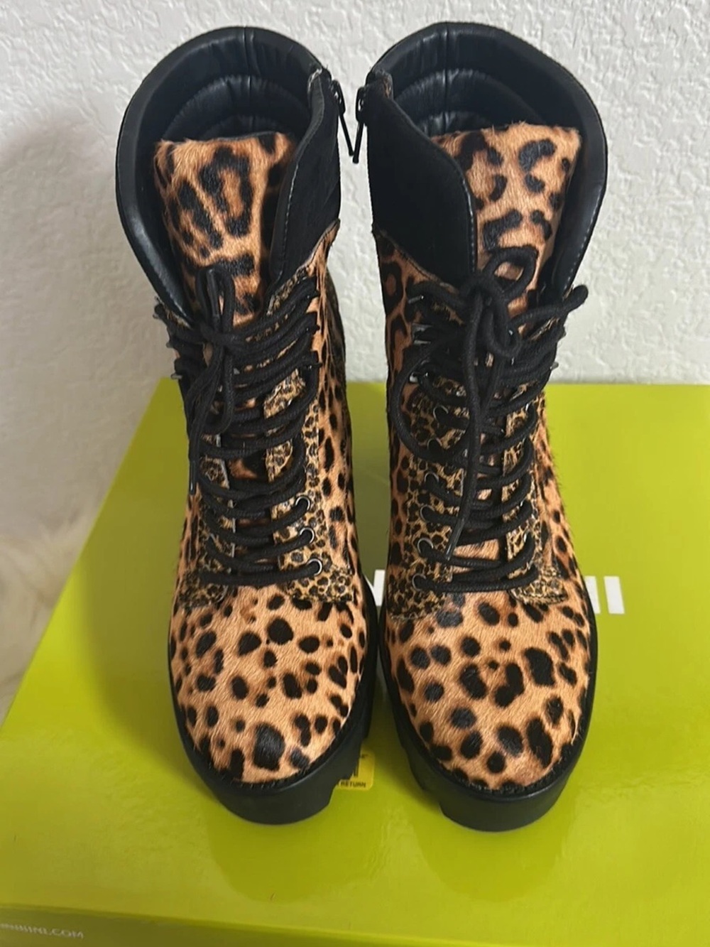 Gianni Bini Leopard Print Lace-Up Platform Ankle Boots - Tan/Black - Picture 4 of 7